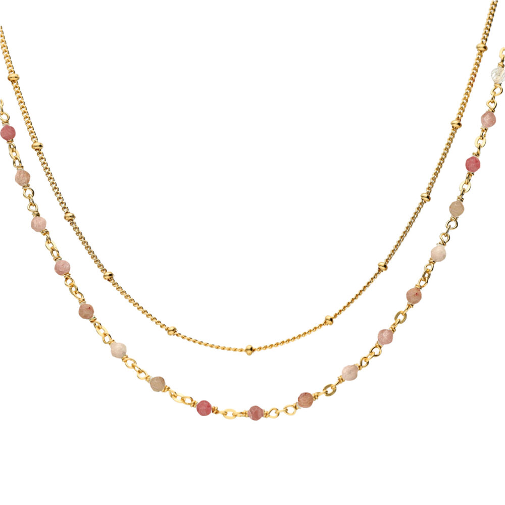 Collier argent doré double chaine et pierres naturelles quartz rose fraise