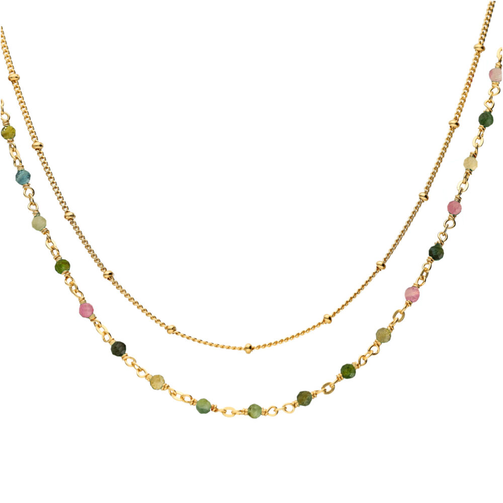 Collier argent doré double chaine et pierres naturelles tourmaline