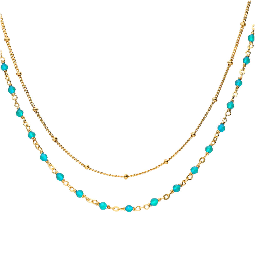 Collier argent doré double chaine et pierres naturelles turquoise
