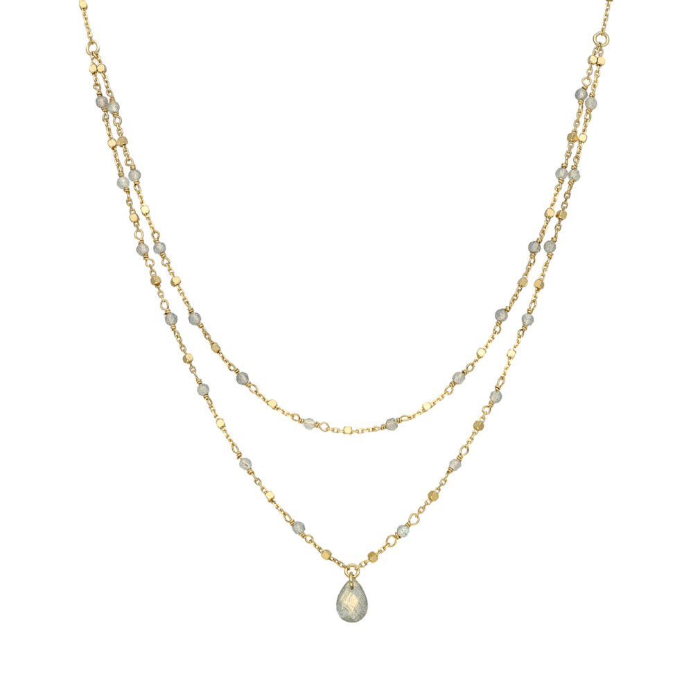 Collier argent doré double chaine goutte pierres naturelles labradorite