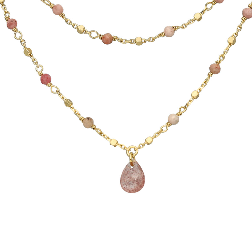 Alternative view of Collier argent doré double chaine goutte pierres naturelles quartz rose fraise