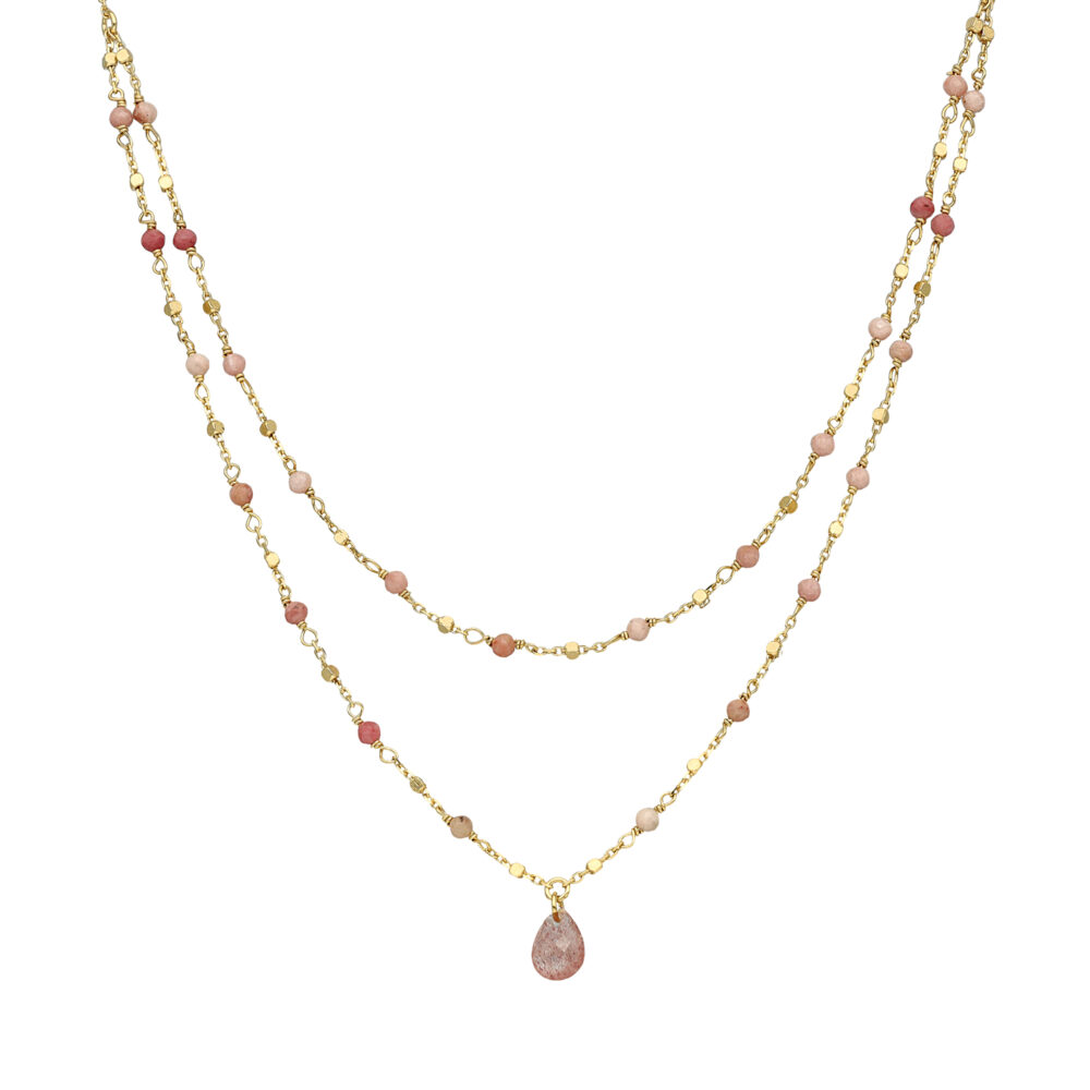 Collier argent doré double chaine goutte pierres naturelles quartz rose fraise