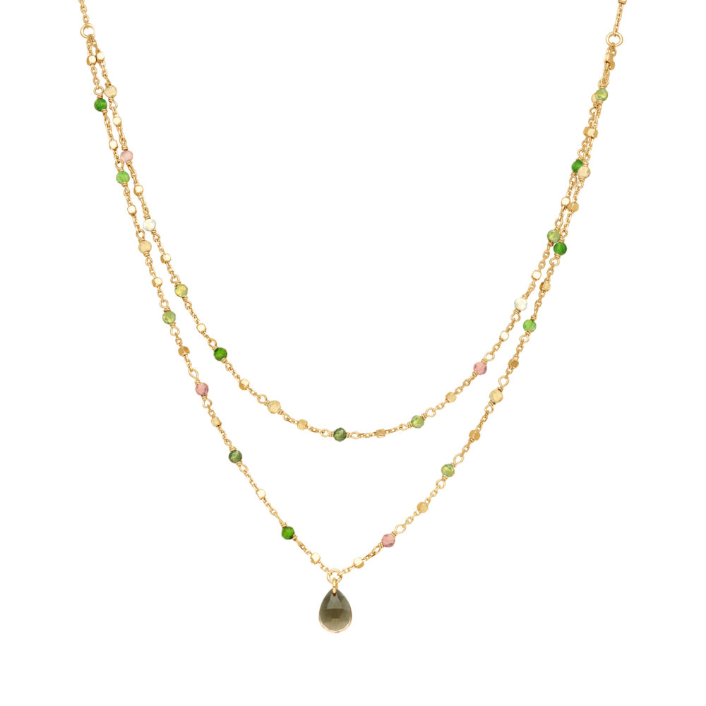 Collier argent doré double chaine goutte pierres naturelles tourmaline