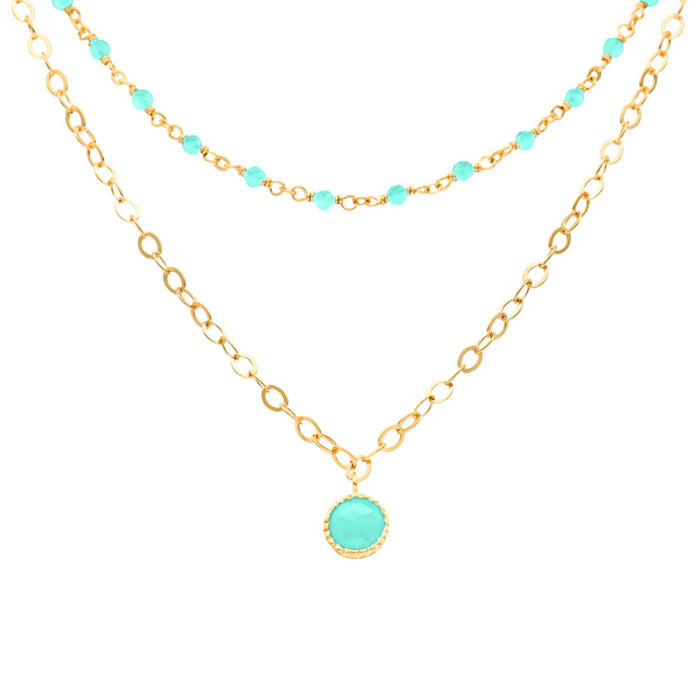 Collier argent doré double chaine pampille et pierres amazonite