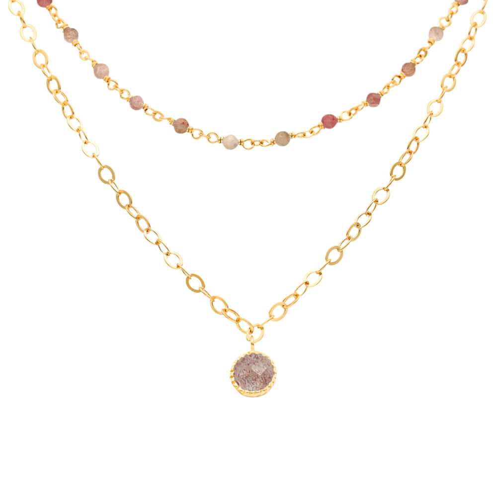 Collier argent doré double chaine pampille et pierres quartz rose fraise