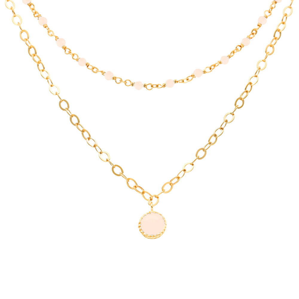 Collier argent doré double chaine pampille et pierres opale rose
