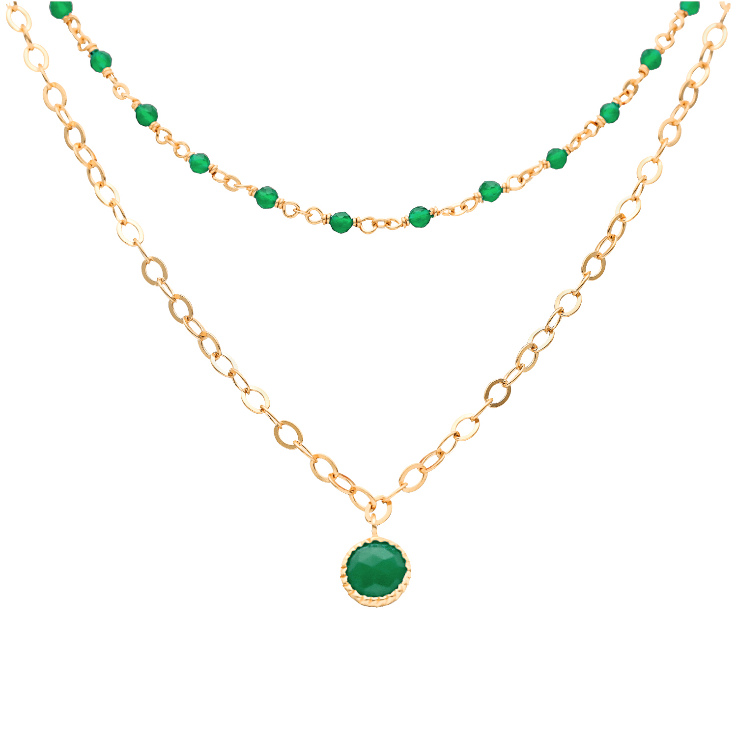 Collier argent doré double chaine pampille et pierres onyx vert
