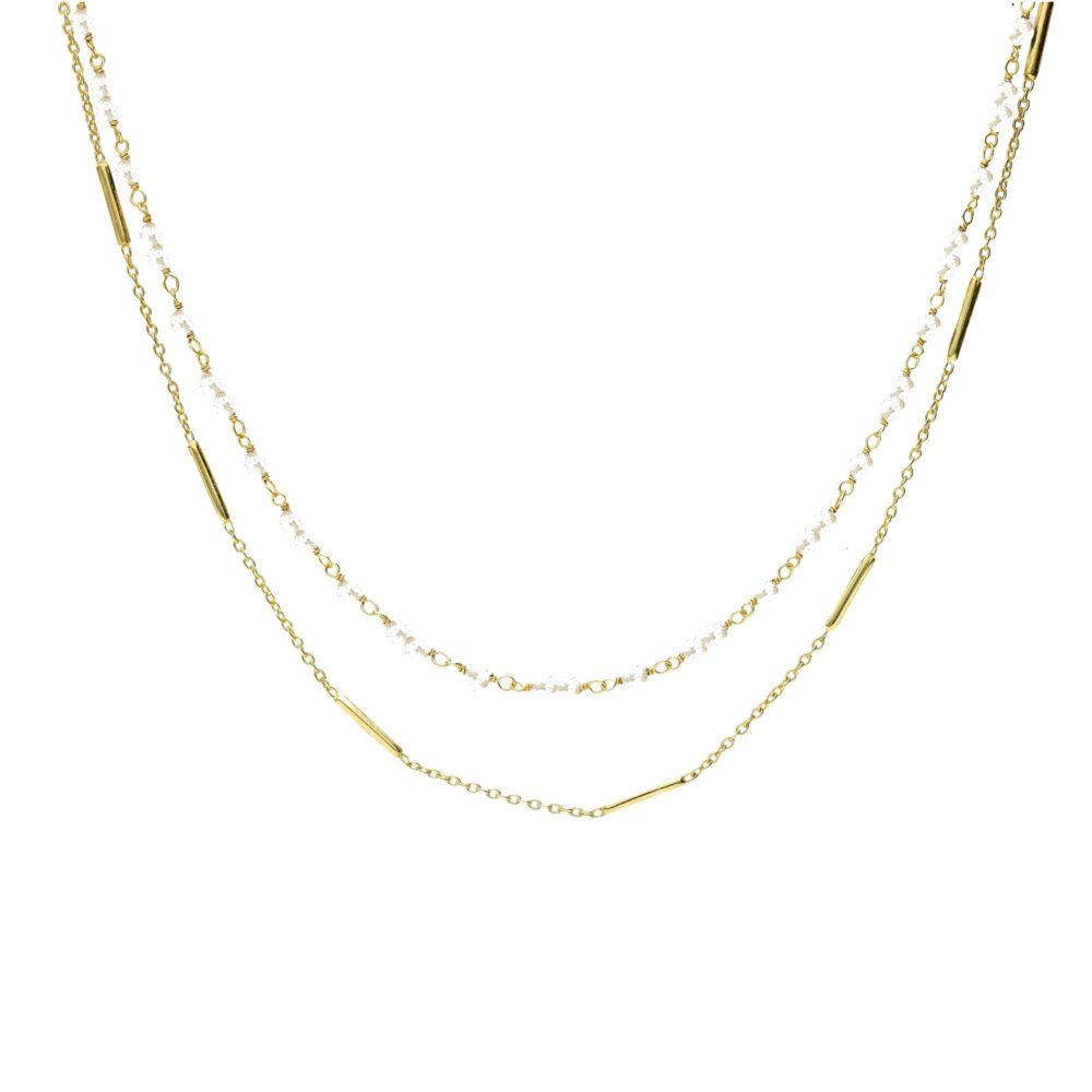 Collier argent doré double chaines barrettes et perles naturelles blanches