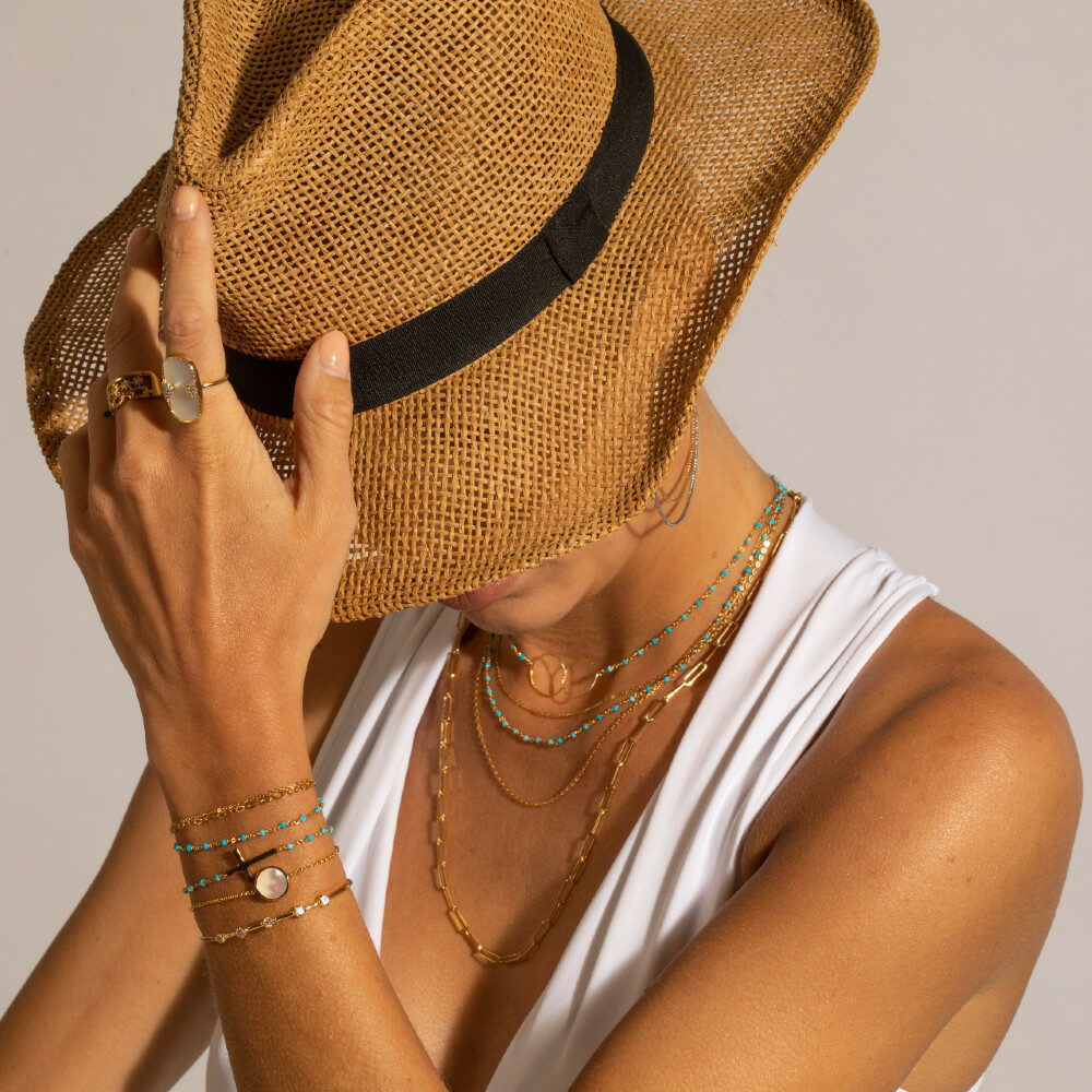 Alternative view of Collier argent doré double rond et pierre turquoise