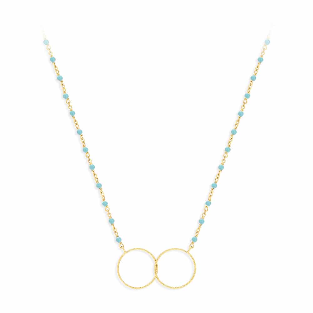 Collier argent doré double rond et pierre turquoise