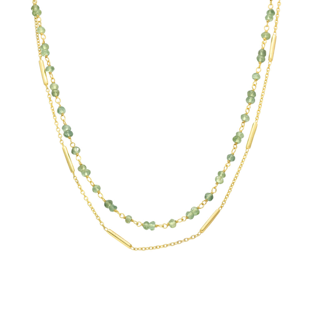 Collier argent doré doubles chaînes barrettes et perles naturelles aventurine