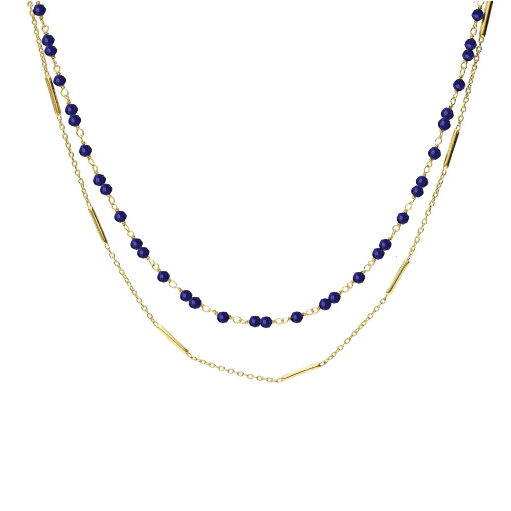 Collier argent doré doubles chaînes barrettes et perles naturelles Lapis Lazuli