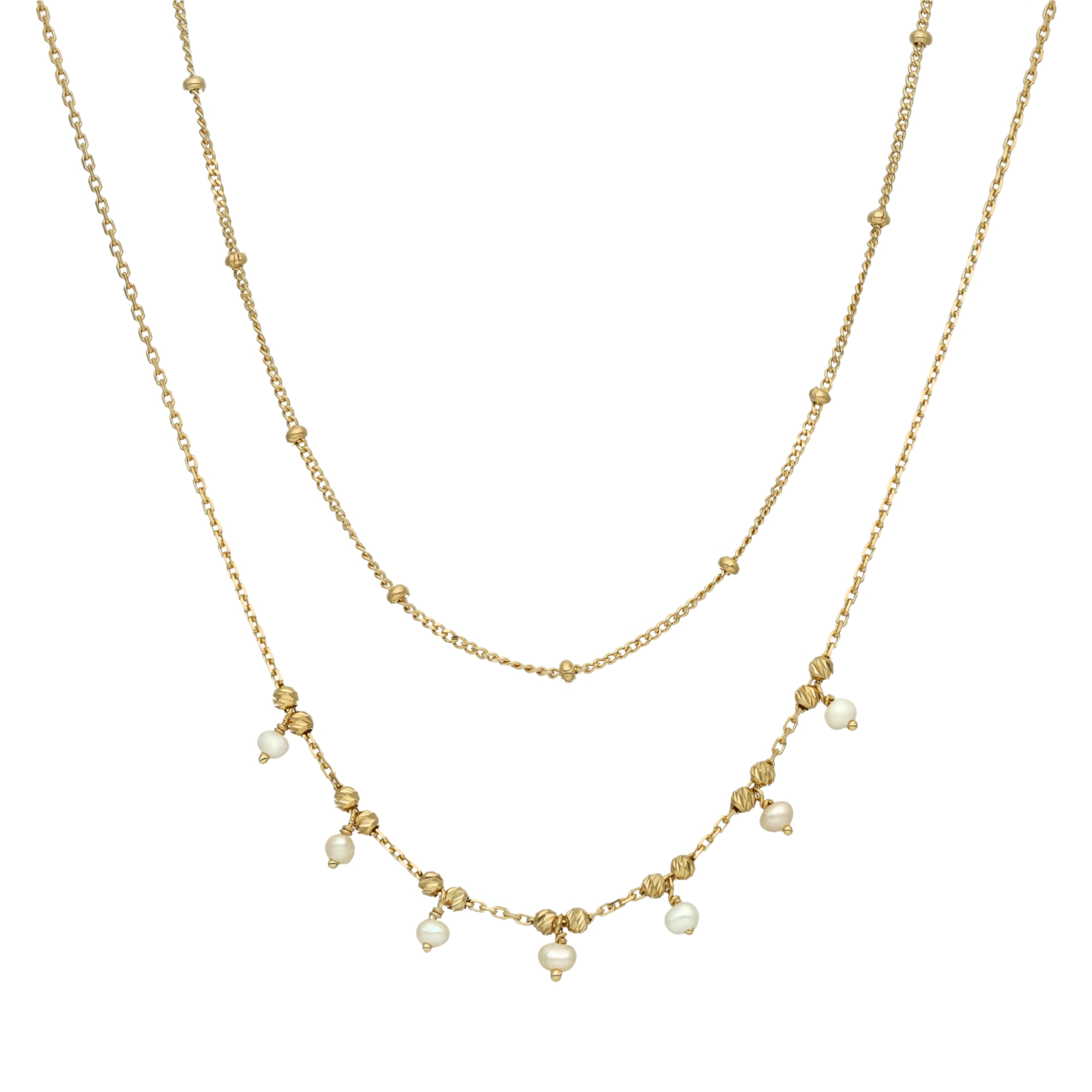 Collier argent doré doubles chaînes pampilles et perles blanches