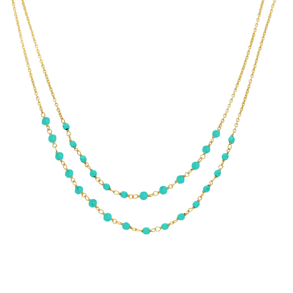 Collier argent doré doubles chaînes pierre turquoise