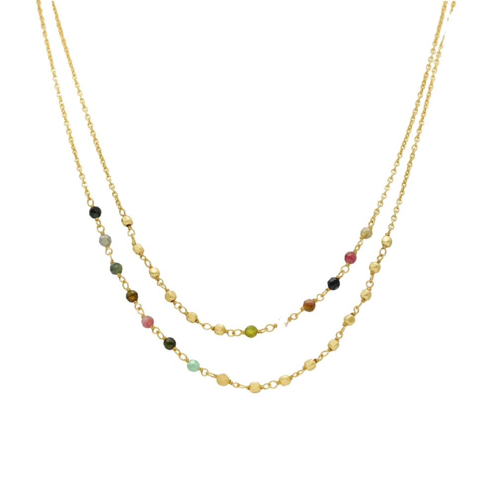 Collier argent doré doubles chaînes pierres multi-tourmaline