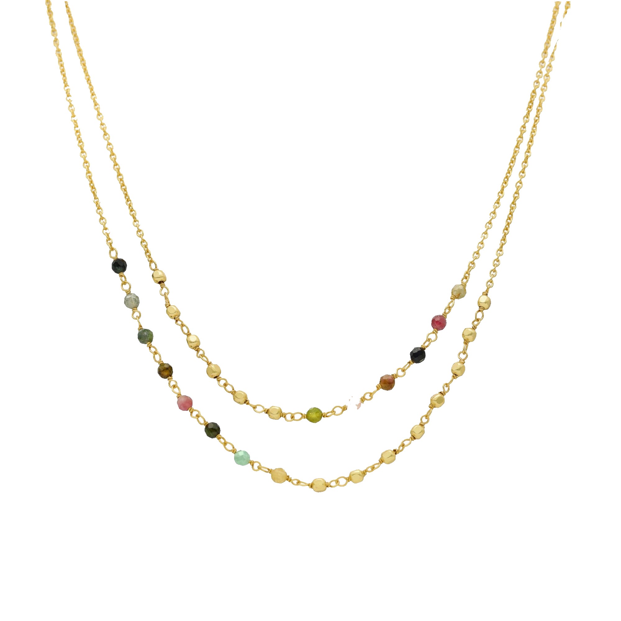 Collier argent doré doubles chaînes pierres multi-tourmaline