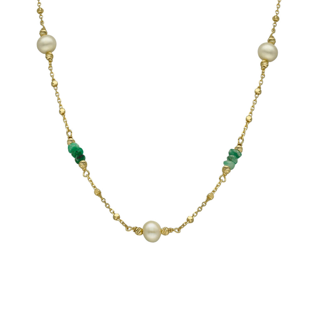 Collier argent doré pierres précieuses émeraude véritable et perle naturelle blanche