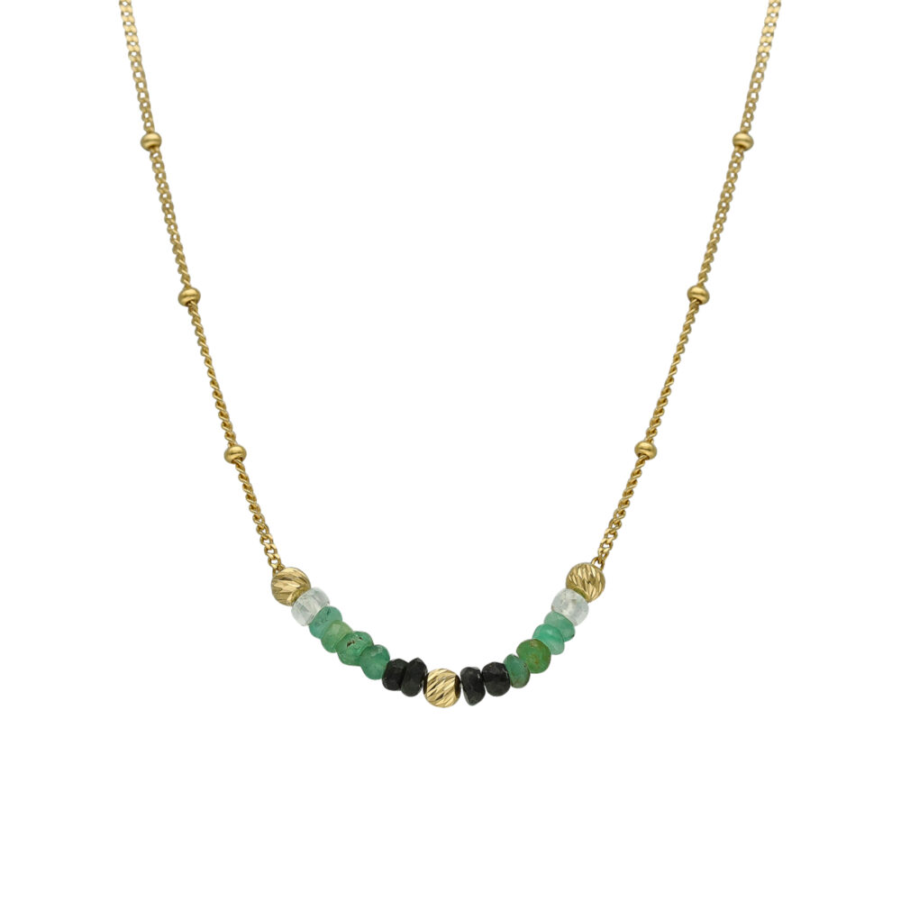 Collier argent doré pierres précieuses émeraude véritable et perles dorées