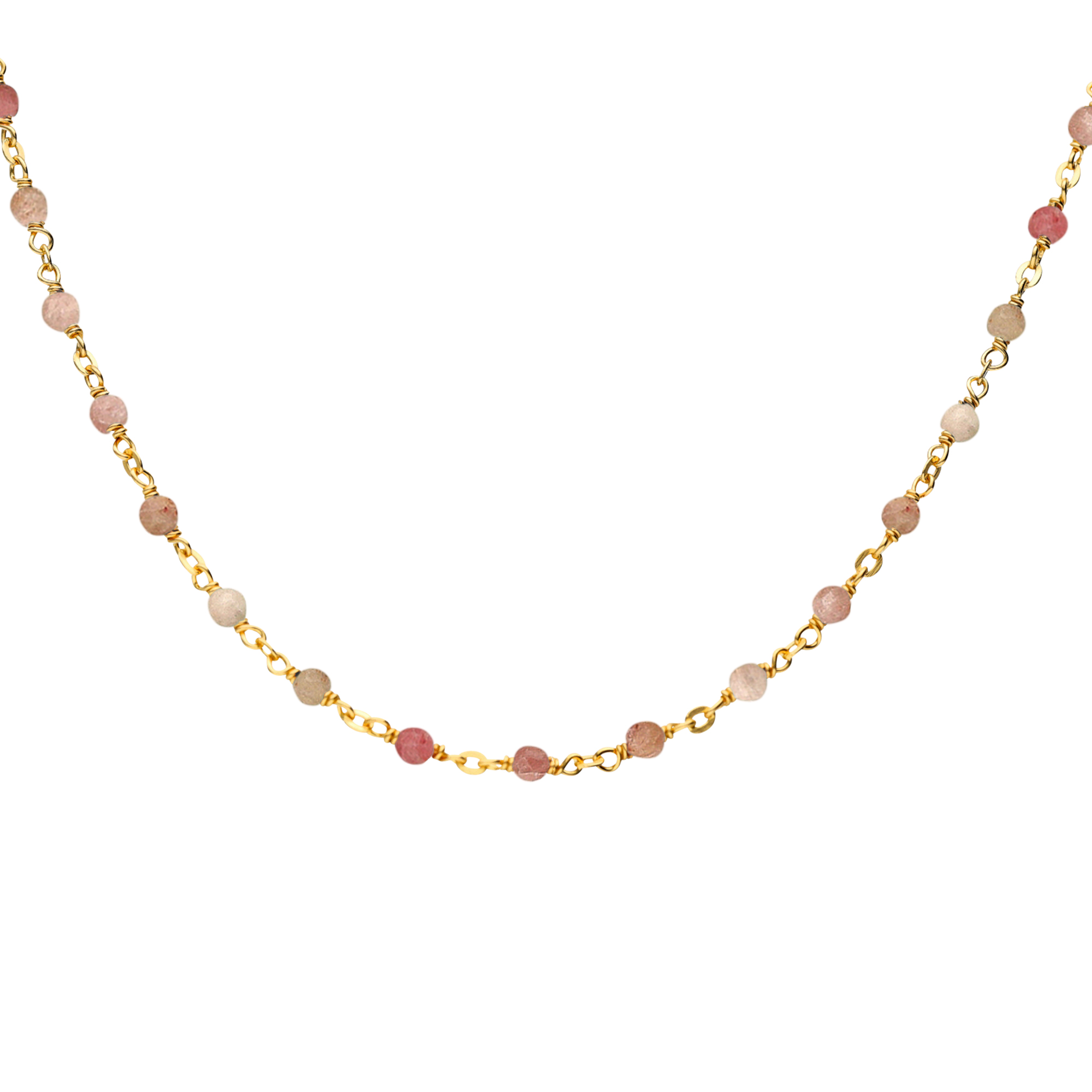 Collier argent doré et pierres naturelles quartz rose fraise long 59 cm