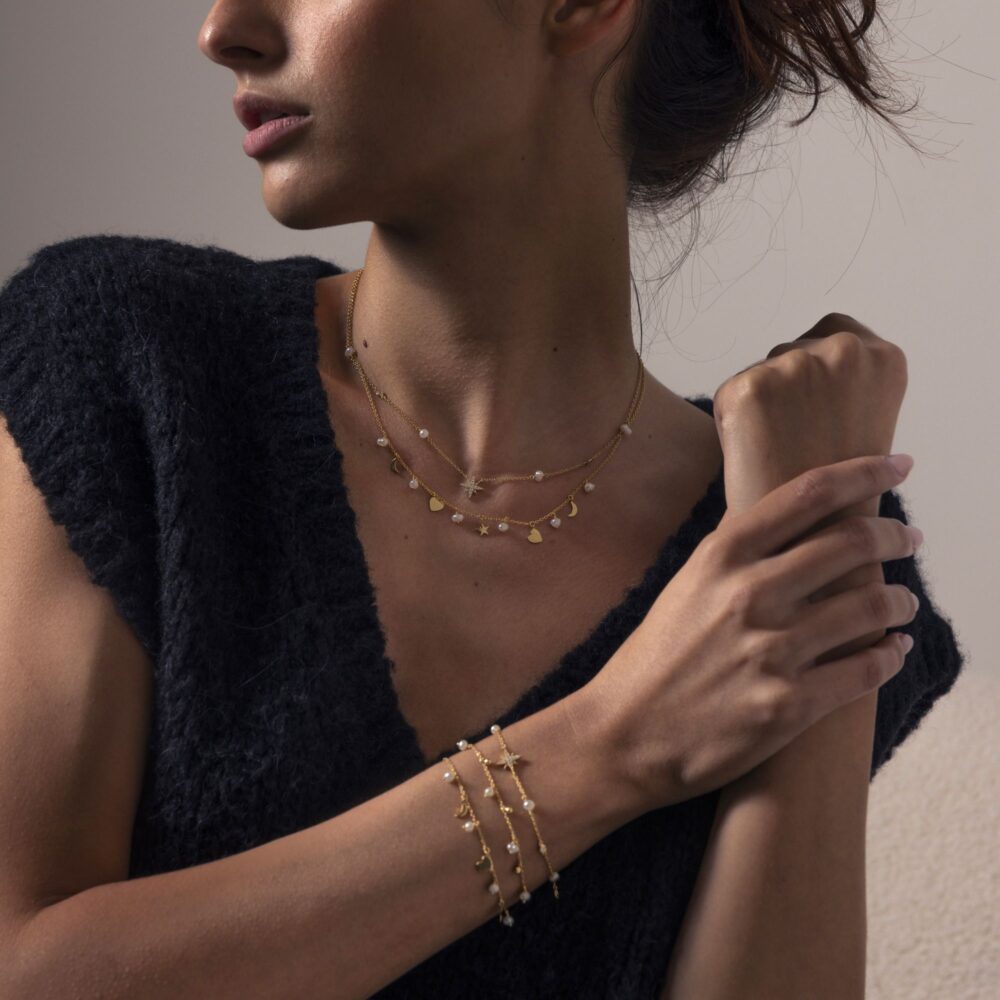 Alternative view of Collier argent doré étoile cœur et perles naturelles blanches