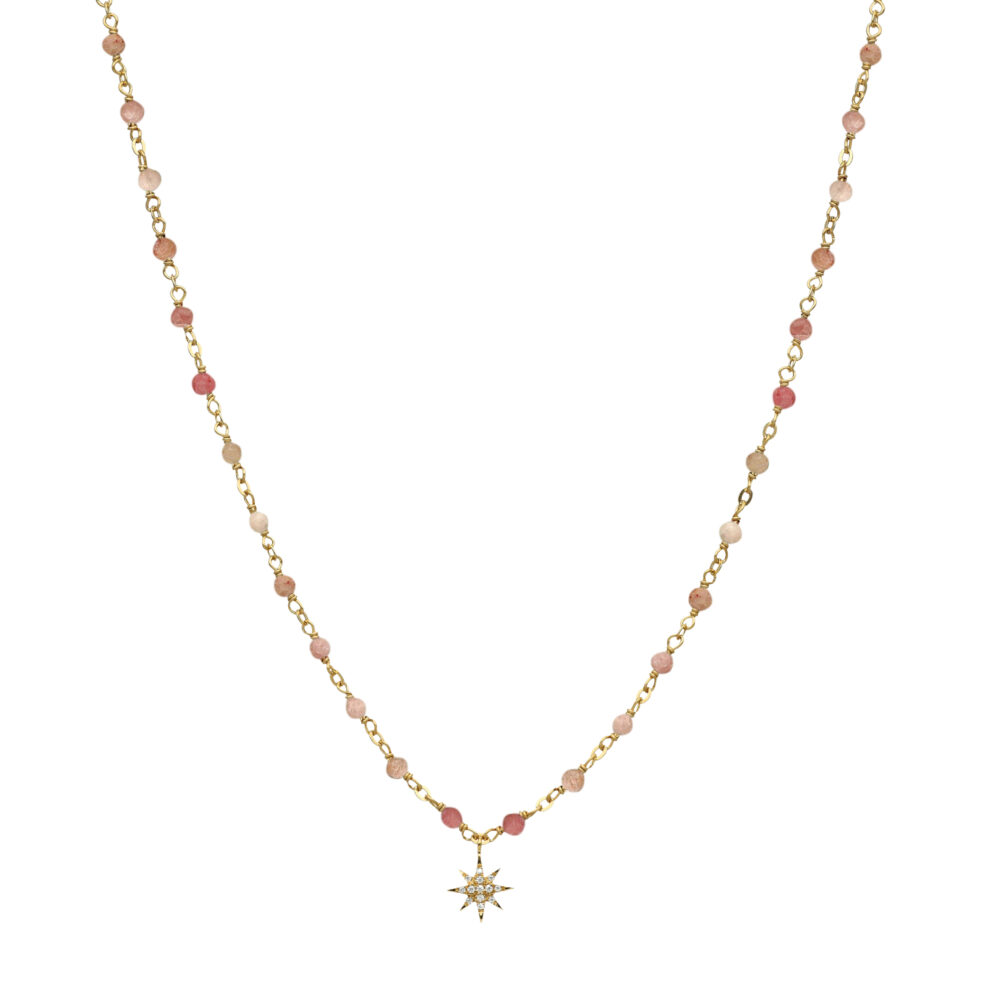 Collier argent doré étoile en zirconium blanc et perles naturelles quartz rose fraise