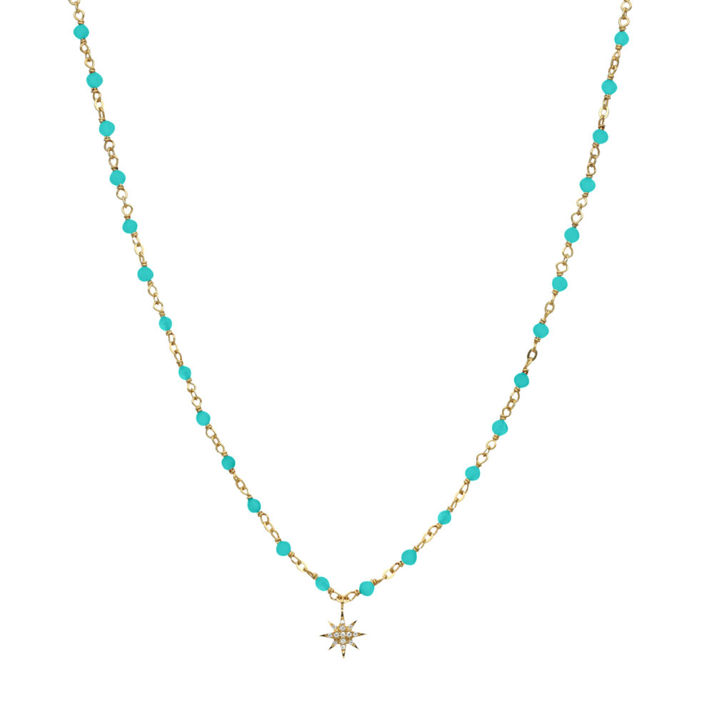 Collier argent doré étoile en zirconium blanc et perles naturelles turquoise
