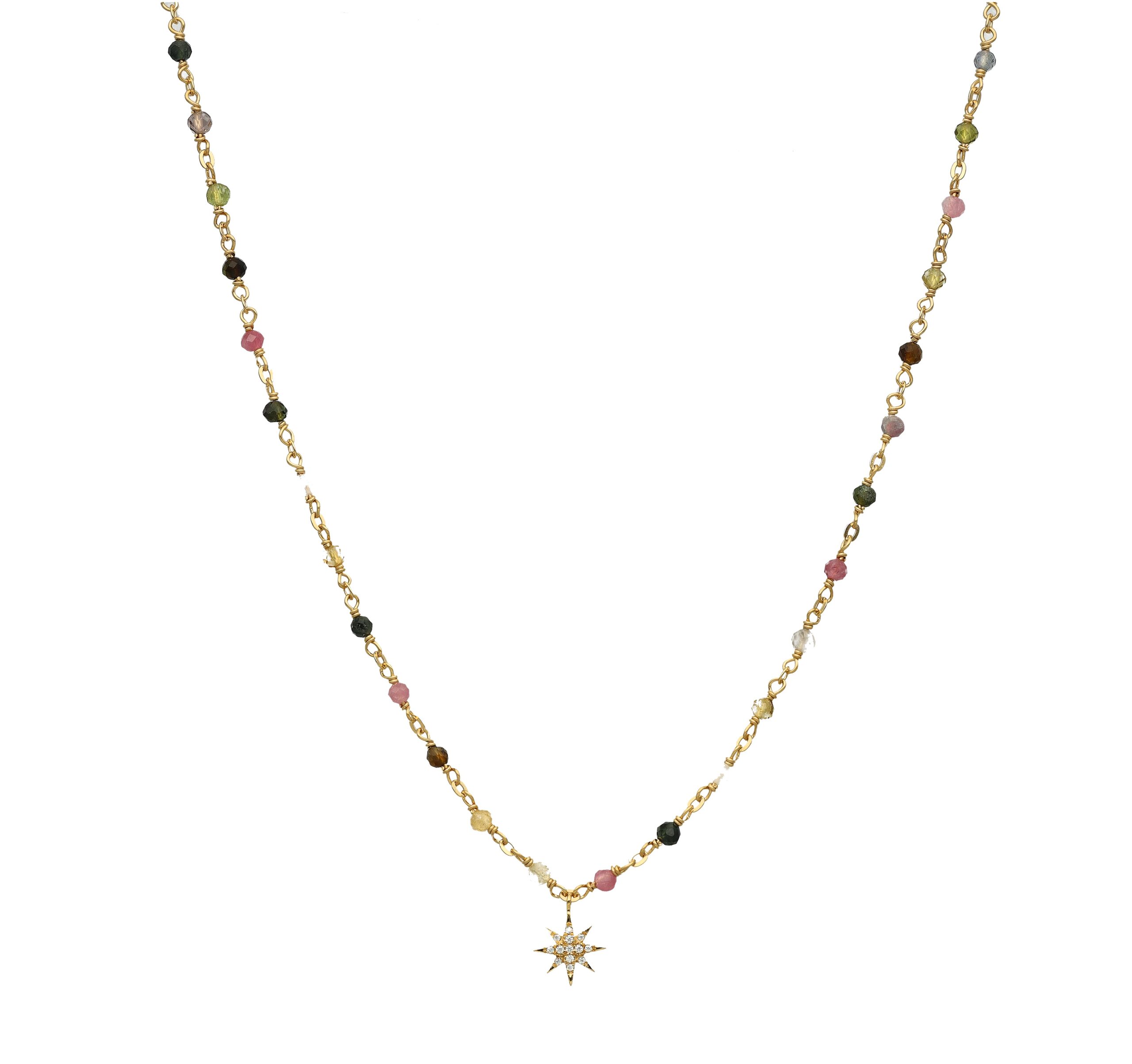 Collier argent doré étoile en zirconium blanc et pierres multi-tourmaline