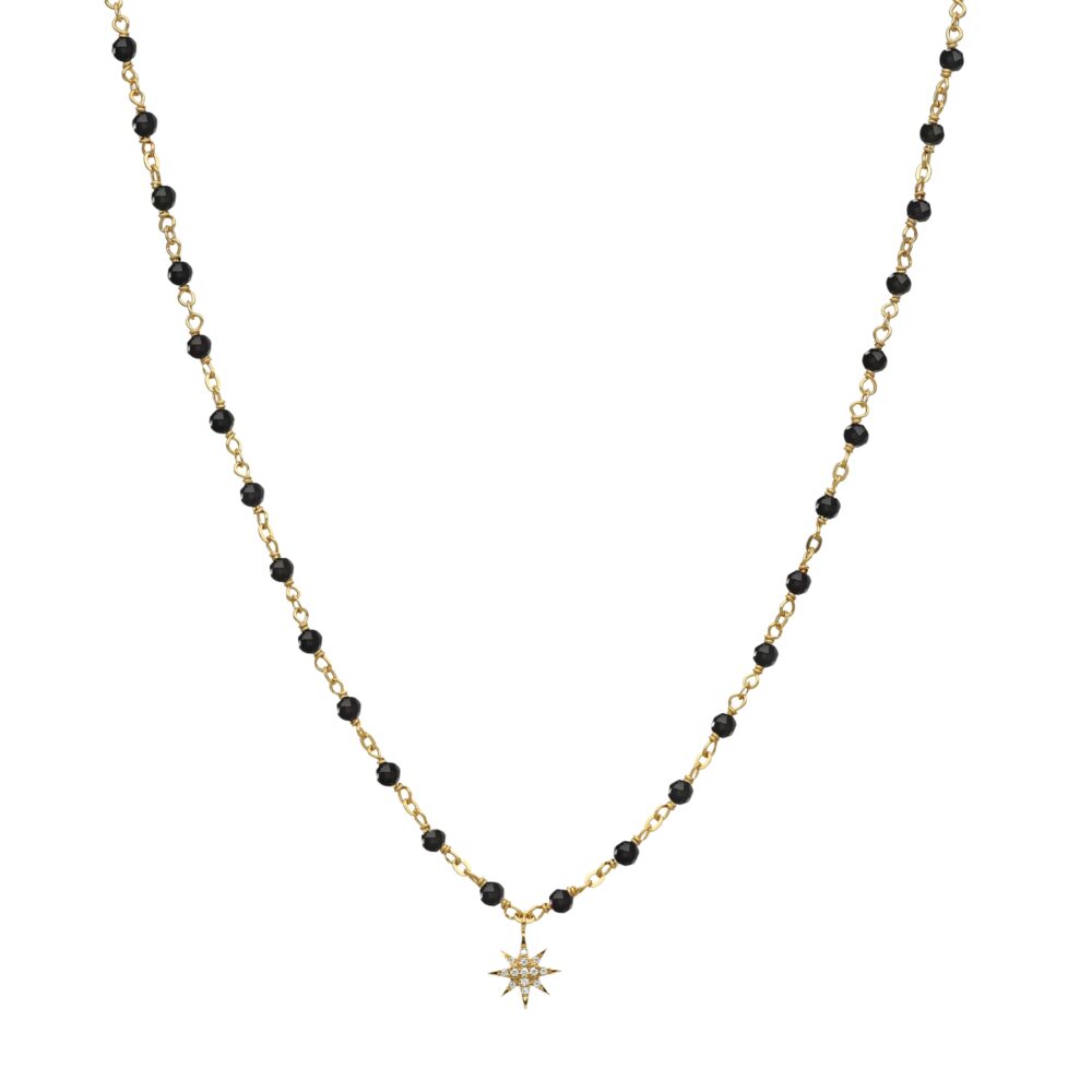 Collier argent doré étoile en zirconium blanc et pierres Spinelle noires