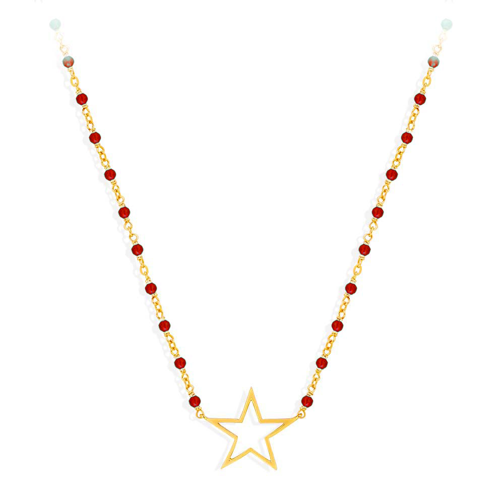 Collier argent doré étoile et pierre rouge
