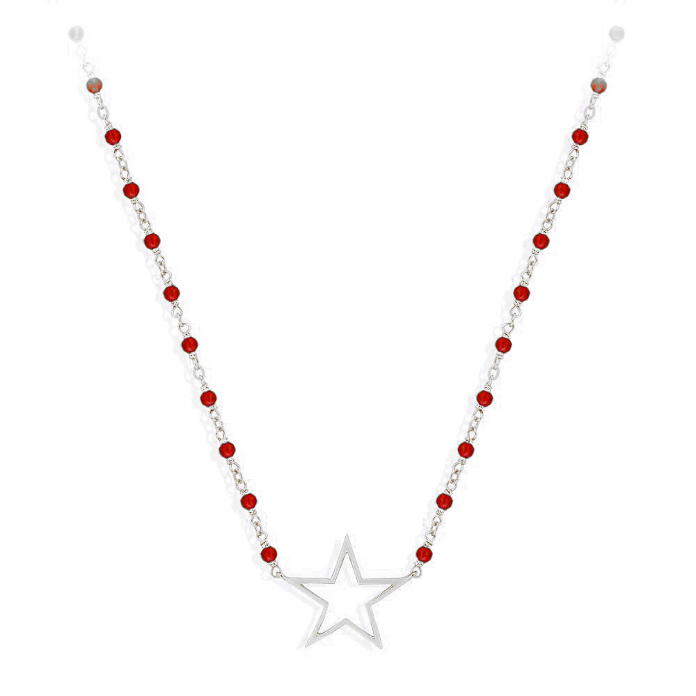 Collier argent rhodié étoile et pierre rouge