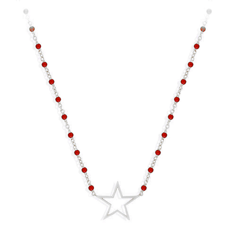 Collier argent rhodié étoile et pierre rouge