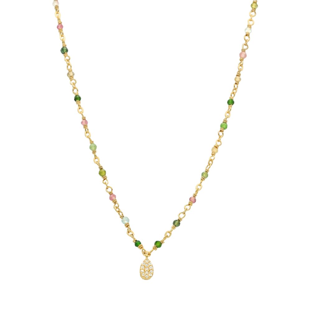 Collier argent doré goutte serti blanc pierres multi-tourmaline