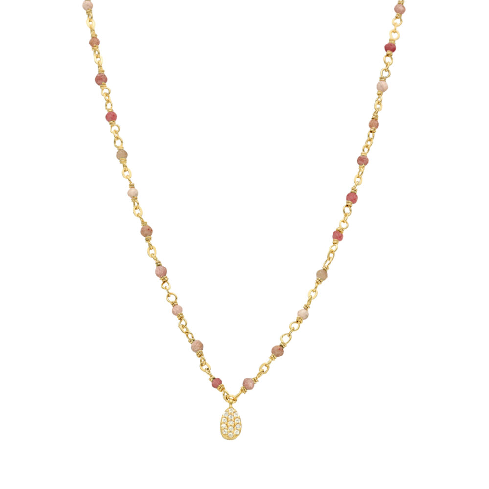 Collier argent doré goutte diamanté pierres naturelles quartz rose fraise