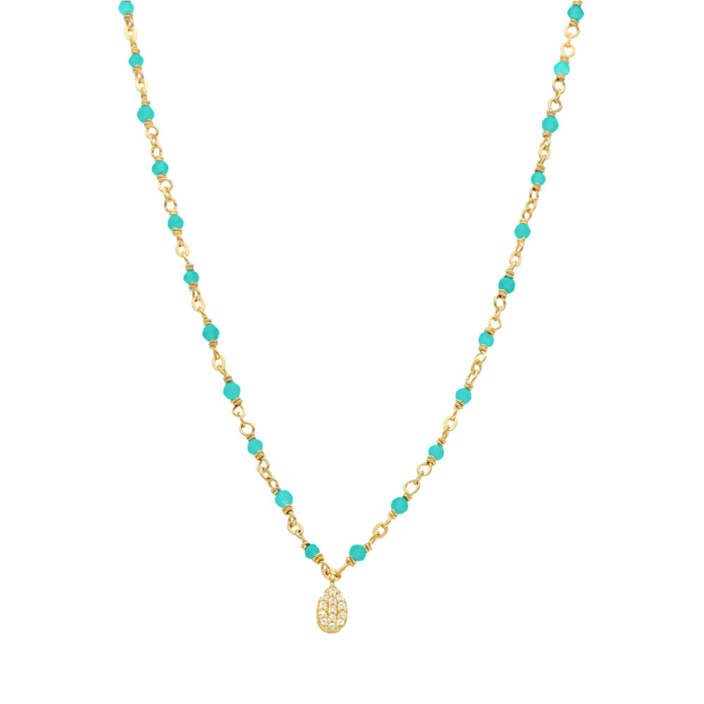 Collier argent doré goutte serti blanc pierres turquoise
