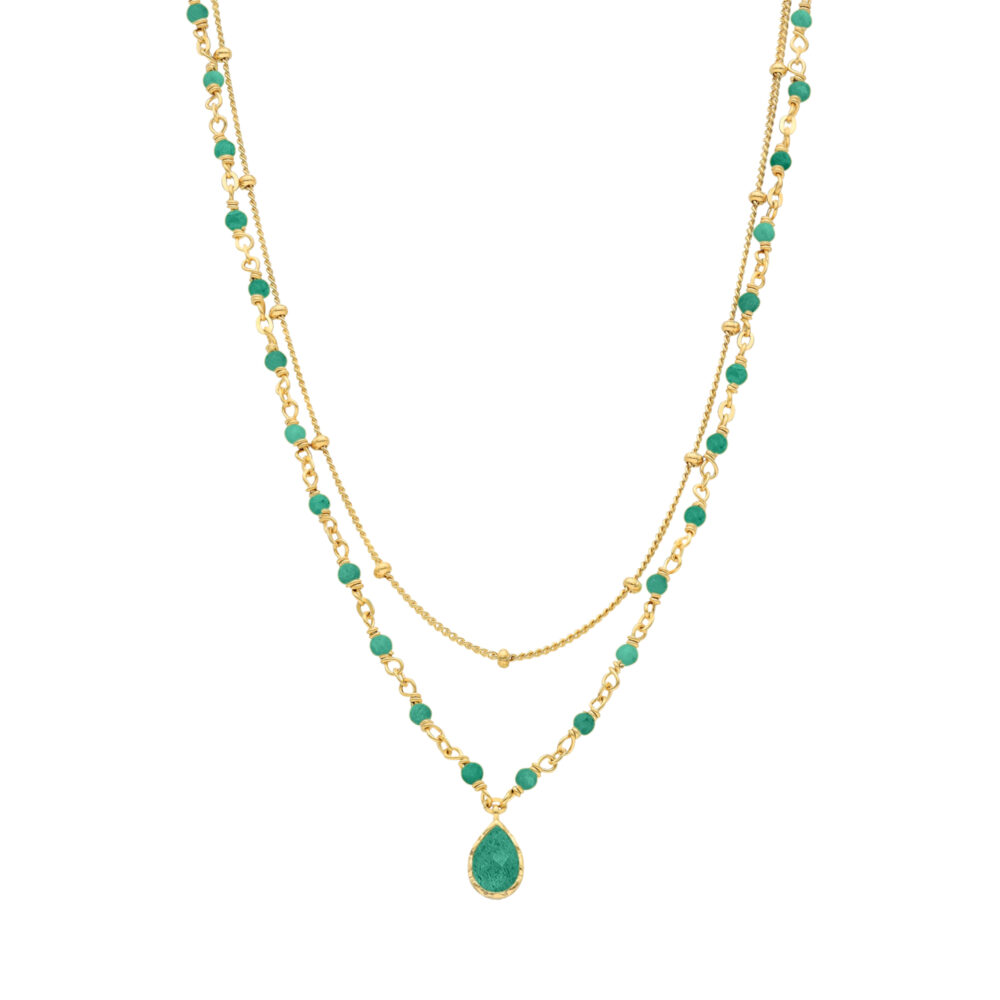 Collier argent doré goutte doubles chaînes pierre onyx vert