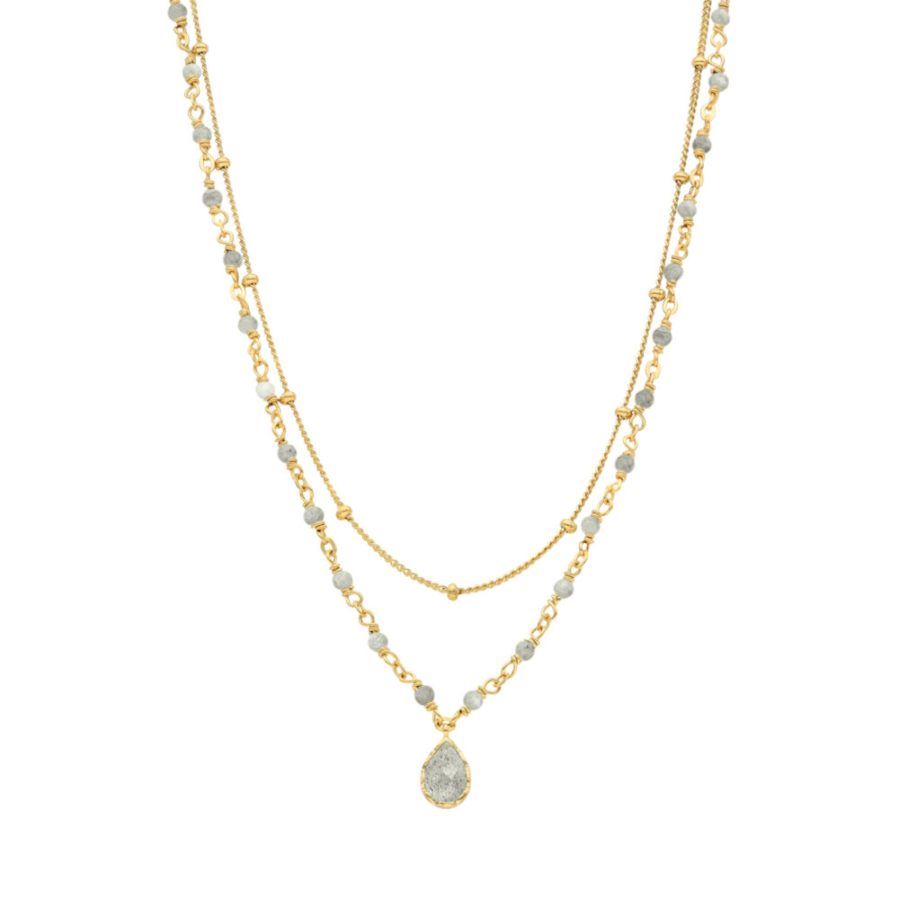 Collier argent doré goutte doubles chaînes pierres labradorite