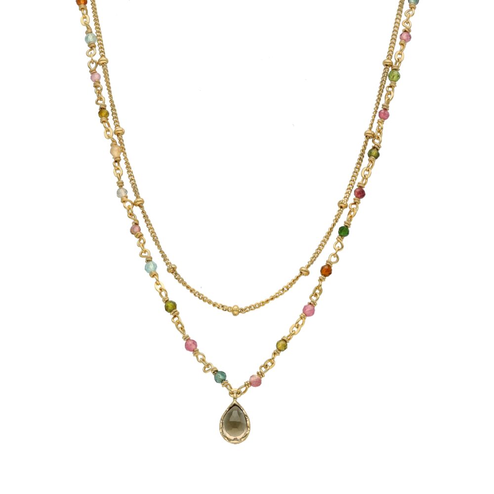 Collier argent doré goutte doubles chaînes pierres multi-tourmaline