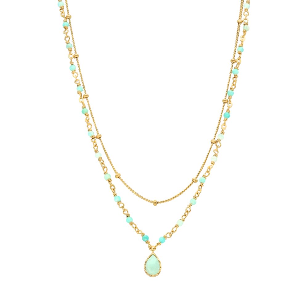 Collier argent doré goutte doubles chaînes pierres naturelles amazonite