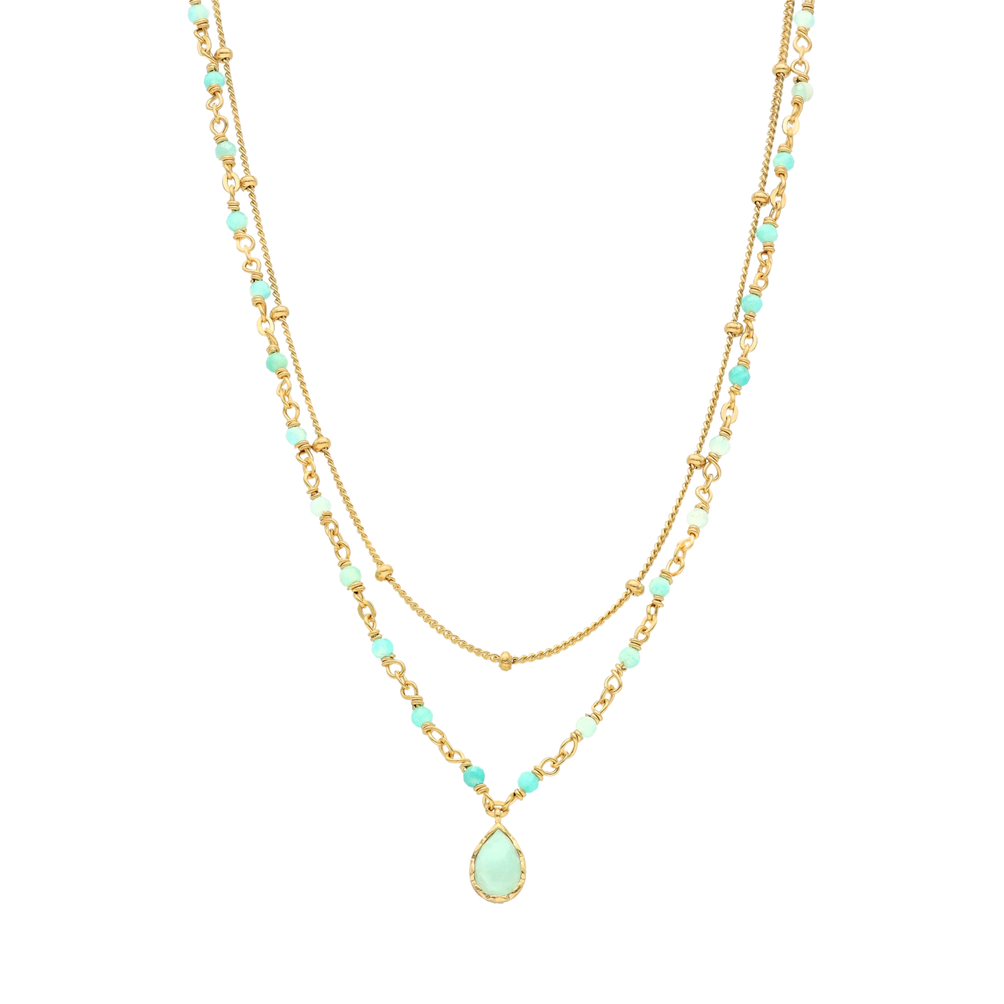 Collier argent doré goutte doubles chaînes pierres naturelles amazonite