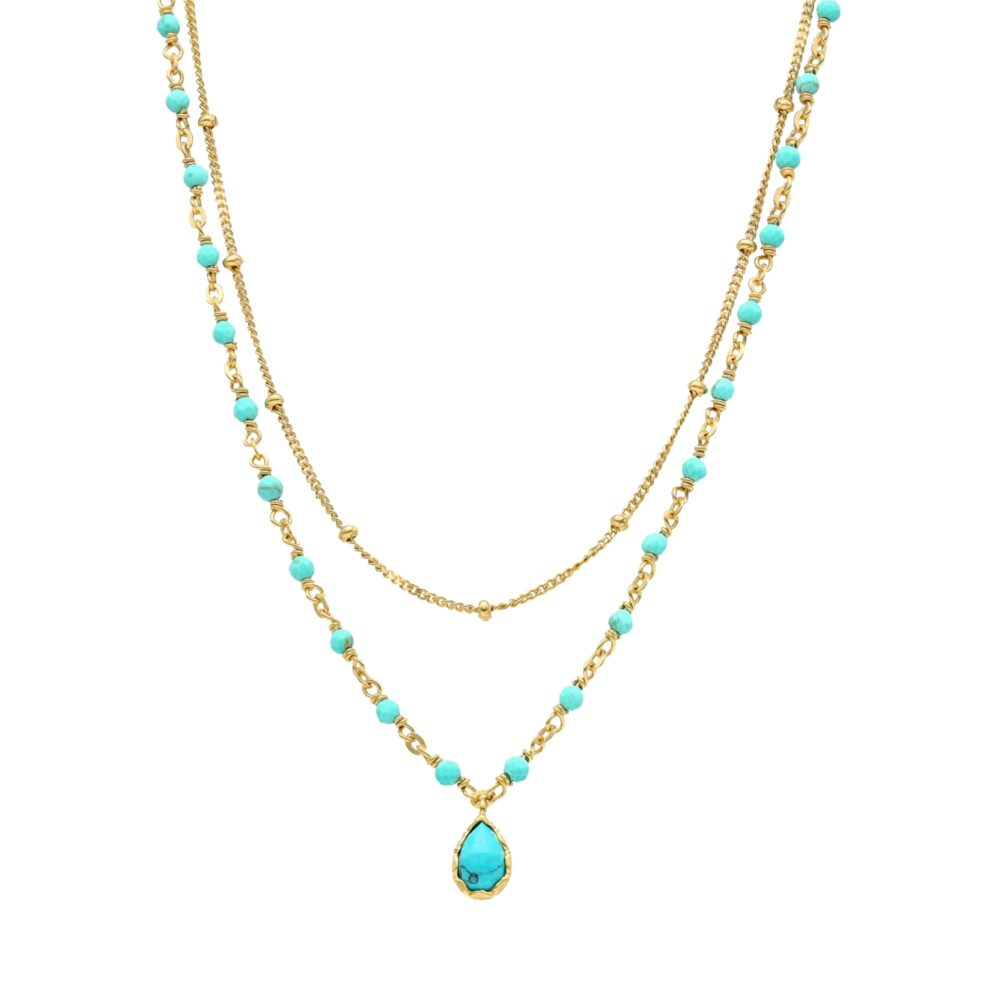 Collier argent doré goutte doubles chaînes pierres naturelles turquoise