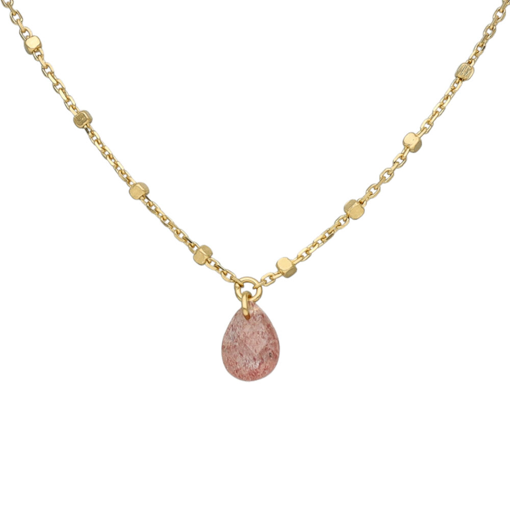 Alternative view of Collier argent doré goutte pierres naturelles quartz rose fraise