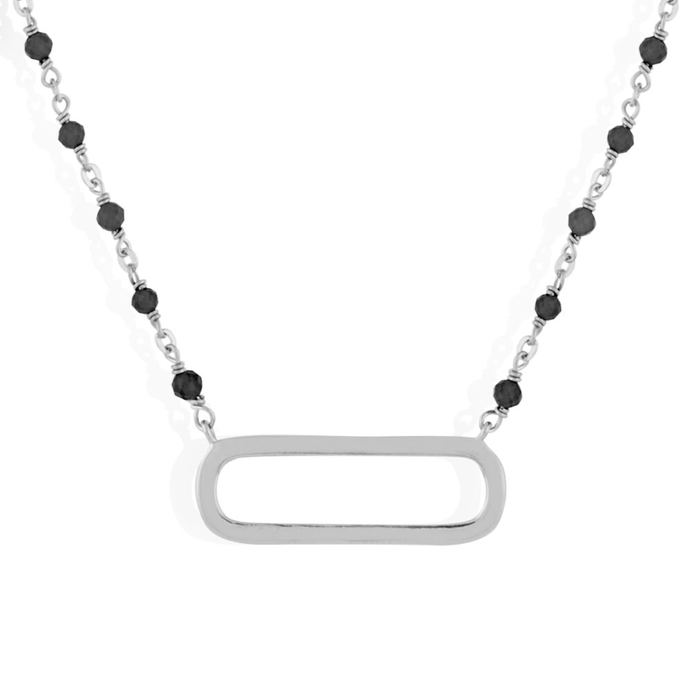 Collier argent rhodié lingot et pierres naturelles noires