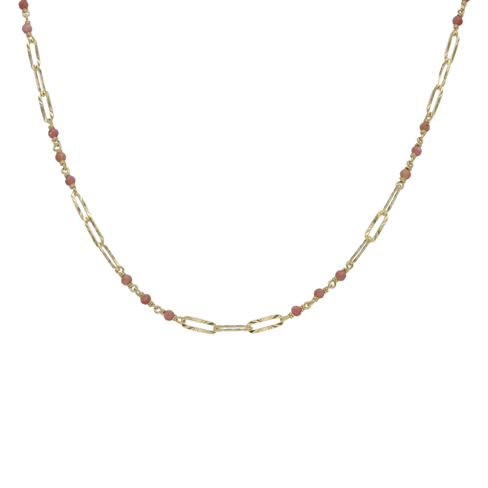 Collier argent doré maillon pierre rhodonite rose