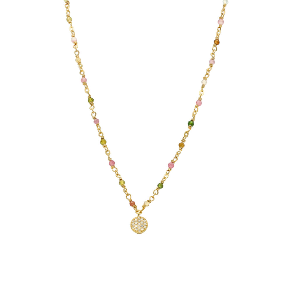 Collier argent doré médaillon serti blanc et pierres multi-tourmaline