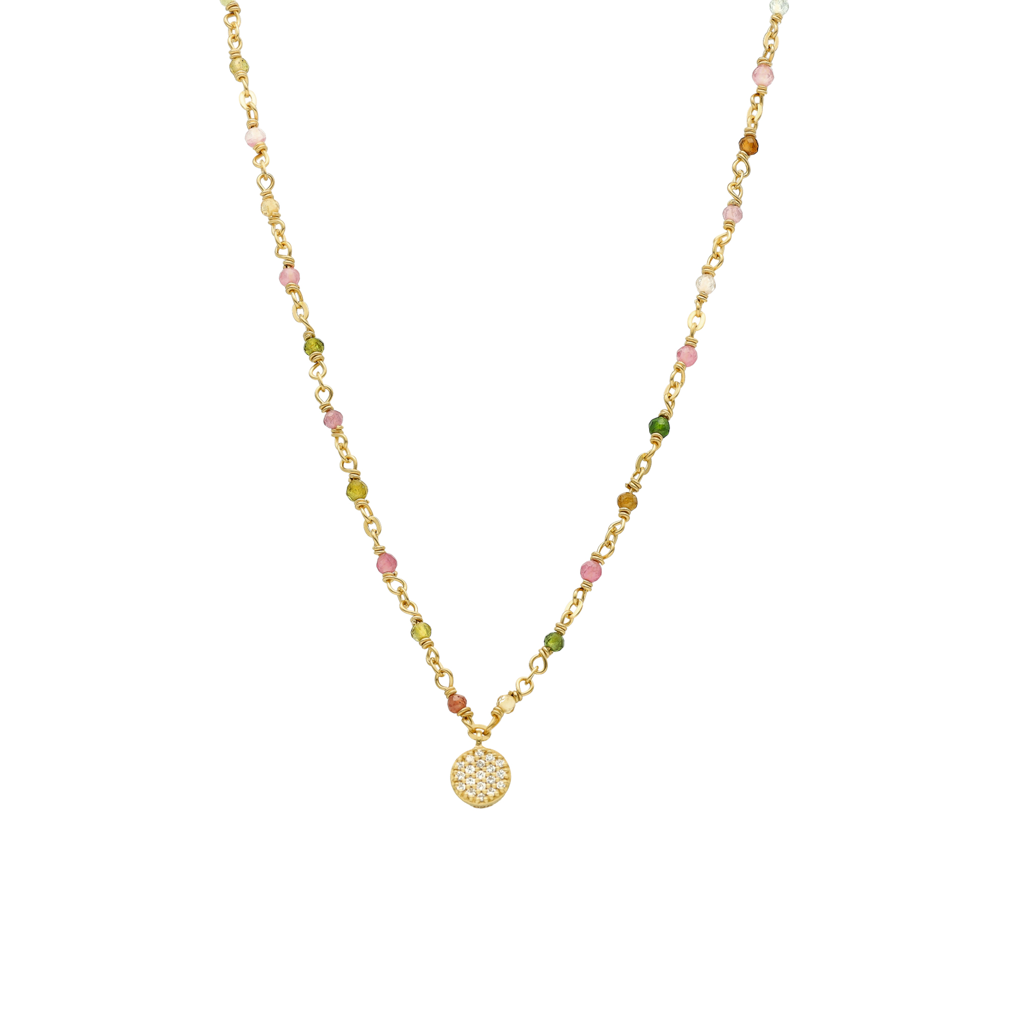 Collier argent doré médaillon serti blanc et pierres multi-tourmaline
