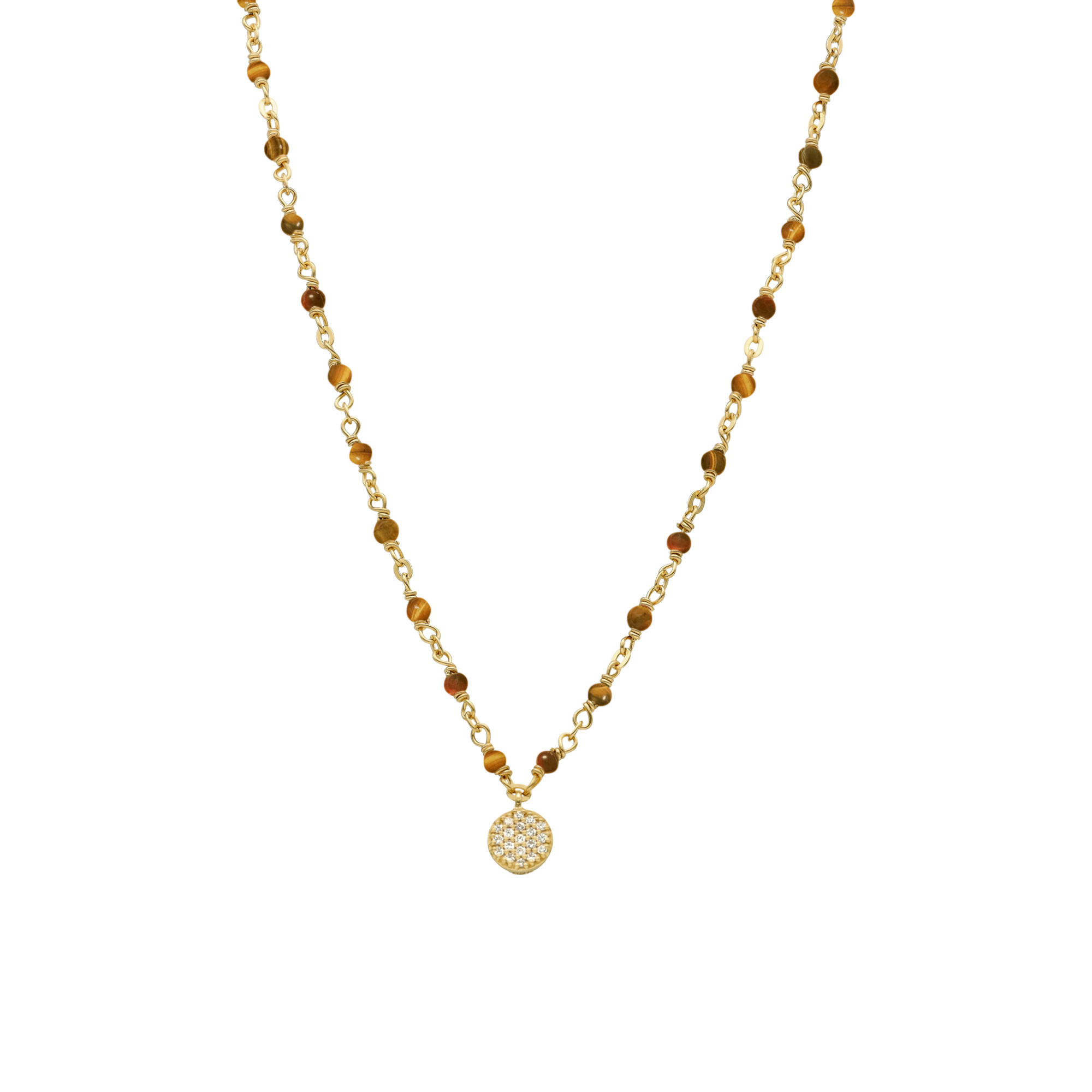 Collier argent doré médaillon serti blanc et pierres œil de tigre