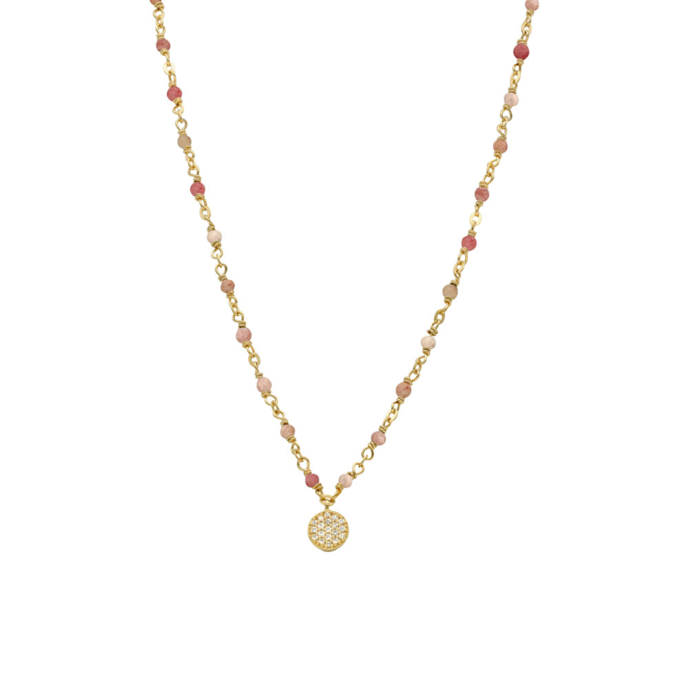 Collier argent doré médaillon serti blanc et pierres quartz rose fraise