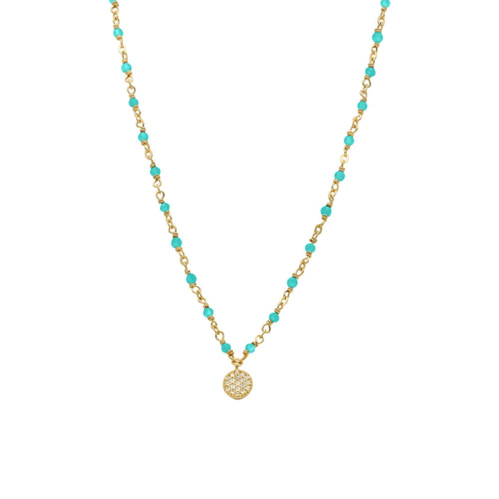 Collier argent doré médaillon serti blanc et pierres turquoise