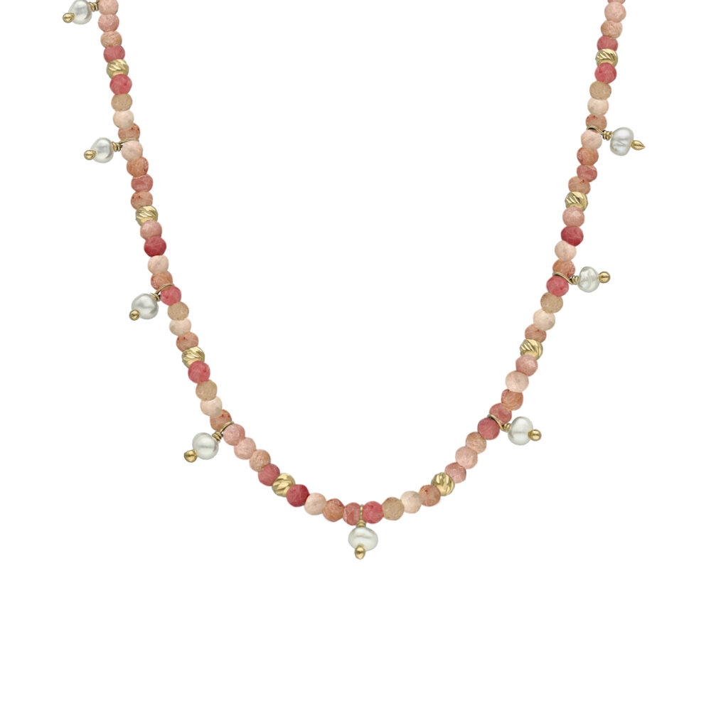 Collier argent doré pampille perle naturelle et rhodonite fraise