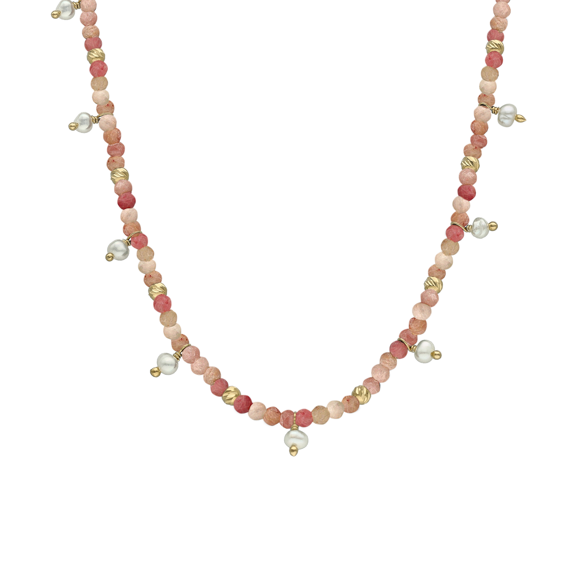 Collier argent doré pampille perle naturelle et rhodonite fraise